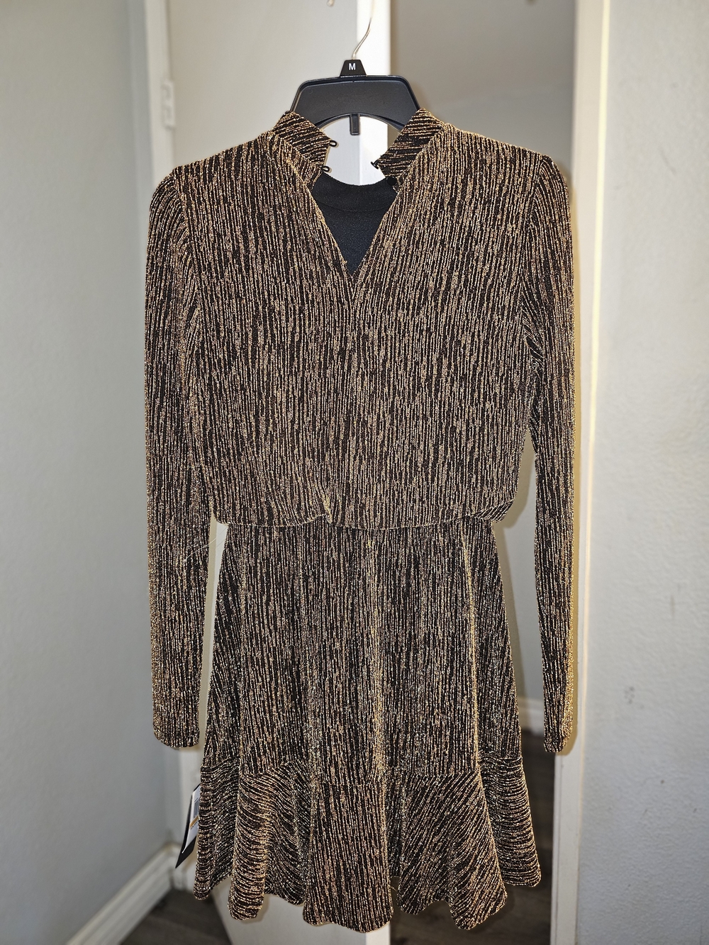 Women's Shimmer Black and Gold Long-Sleeve Fit & Flare Dress